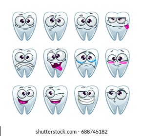 Cartoon teeth characters with different emotions. Vector tooth icons set.