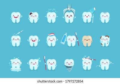 Cartoon teeth. Cute tooth characters with different emotions and hygiene tools, teeth cleaning with toothpaste and toothbrush, kids oral care children dentistry clinic for poster vector isolated set