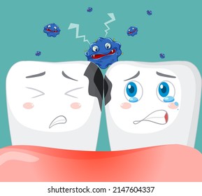 Cartoon teeth decay with bacteria on blue background illustration