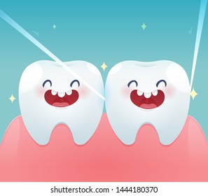 Cartoon teeth with dental floss for healthcare - Brushing teeth flossing, Dental floss - illustration and vector design