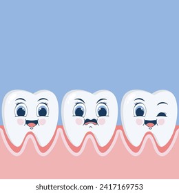 Cartoon teeth with different emotions growing out of the gum.  Concept of pediatric stomatology.