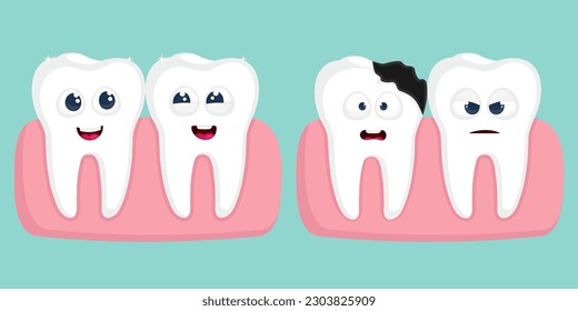 Dientes de dibujos animados con gomas puestas. Carácter dental de emoción diferente.