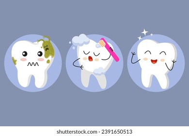 Los dientes de caricatura y las encías dentro de la boca están contentos con el problema de la caries dental. Hay placa en los dientes. Cepillado de dientes.