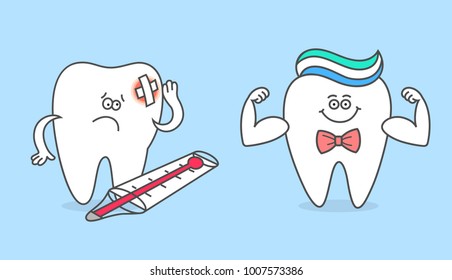 Cartoon teeth. Healthy strong tooth and sick, aching tooth with toothache and thermometer. Dental concept, before and after dentistry procedure or treatment. Vector illustration for kids, children.