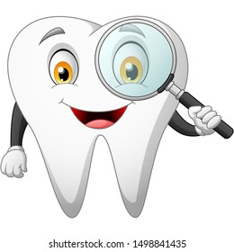 Cartoon teeth holding magnifier. vector illustration