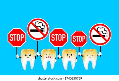 Cartoon teeth holding stop and no smoking sign. Smoking effect on human teeth. Dental care concept. Stop smoking, World No Tobacco Day. Illustration on blue background.