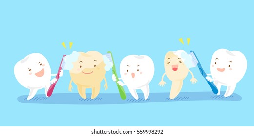 cartoon teeth holding toothbrush and smile happily