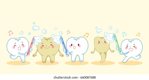 cartoon teeth holding a toothbrush and smile happily