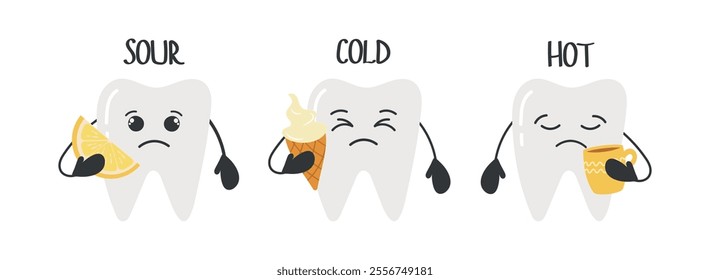 Cartoon teeth with lemon, ice cream and hot drink, indicate tooth sensitivity. Vector illustration for pediatric dentistry and orthodontics. Cute teeth characters.