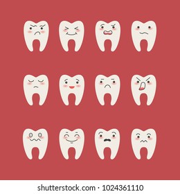 Cartoon Teeth  on red background. Vector illustration.