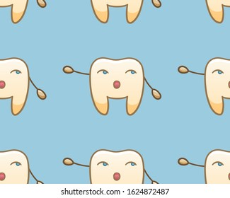 Cartoon teeth pointing to something seamless pattern for International Dentist Day. Blue background, vector.