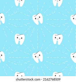 Cartoon Teeth seamless pattern. Cute teeth white enamel, smiley face, dental clinic background, happy clean character. Vector medical backdrop. Decor textile, wrapping paper, print or fabric