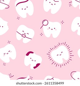 Cartoon Teeth seamless pattern. Cute teeth, smiley face, dental clinic background. Kawaii white teeth on pink background. Decor textile, wrapping paper, print, wallpaper, cover, surfaces, banner