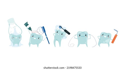 Cartoon teeth set. Clean teeth with mouthwash in flat design. Smiling teeth cartoon dental care. Oral healthcare with mouthwash for plaque prevention and fresh breath.