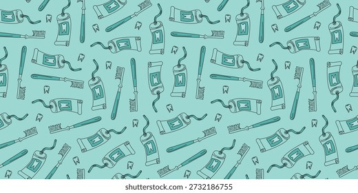Dientes de dibujos animados, pasta de dientes y cepillo de dientes. Patrón sin fisuras. Dibujos, garabatos. Cuidado dental. Productos de odontología, higiene y salud dental. Fondo de Vector.