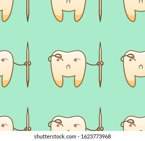 Cartoon teeth with toothpicks seamless pattern for International Dentist Day. Green background, vector.
