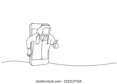 Cartoon of telemedicine concept with arabian doctor and smartphone. Oneline art drawing style
