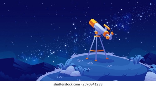 Cartoon telescope on tripod on starry space background. Deep blue night sky filled with bright stars and cosmic dust. Mountain landscape as viewpoint for astronomical observation. Astronomy education.