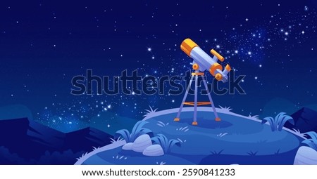 Cartoon telescope on tripod on starry space background. Deep blue night sky filled with bright stars and cosmic dust. Mountain landscape as viewpoint for astronomical observation. Astronomy education.