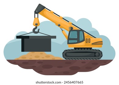 Cartoon of telescopic crane moving a heavy iron. Heavy machinery used in the construction and mining industry