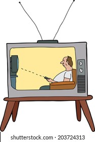 Cartoon television showing man using remote control