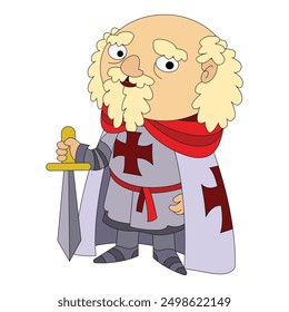 Cartoon templar knight holding sword, wearing red cross, on white background