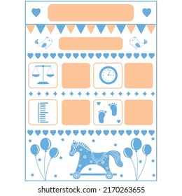 Cartoon Template Of A Child's Birth Certificate With A Wooden Horse, Metrics. Vector Illustration