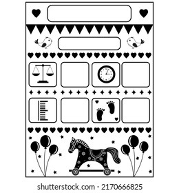 Cartoon Template Of A Child's Birth Certificate With A Wooden Horse, Metrics. Vector Illustration