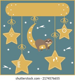 Cartoon Template Of A Child's Birth Certificate With A Sloth, Metrics. Vector Illustration