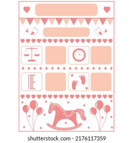 Cartoon Template Of A Child's Birth Certificate With A Wooden Horse, Metrics. Vector Illustration