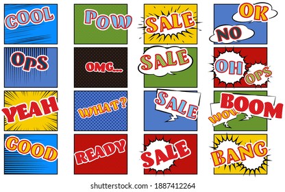 Cartoon templates, effects and backgrounds, sets with speech bubbles