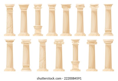 Cartoon temple ancient columns, greek cartoon pillars. Corinthian, ionic and doric ornaments, antique colonnade decoration flat vector illustration collection. Ancient greek columns set