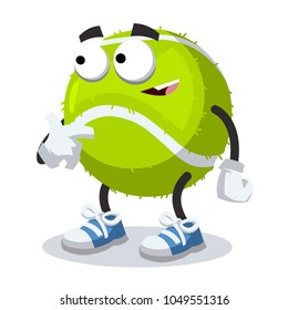 cartoon tennis ball mascot showing himself on a white background