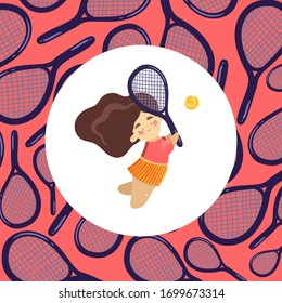Cartoon tennis player with racket. Girl playing tennis flat hand drawn vector illustration. Tennis girl  holding racket and ball with handwritten for card, poster.Sport training concept.Tennis time