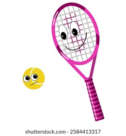 Cartoon tennis racket and ball on a white background. Popular sports. Vector illustration for card, print, book.