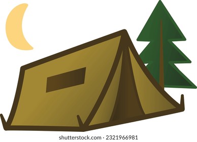 Cartoon Tent for Camping. Vector Illustration Tourist Tent with Tree and Moon