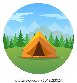 Carpa de dibujos animados en un paisaje de montañas icono. Tienda, turismo.naturaleza, Camping. viaje, tienda, montañas, bosques. Ilustración de diseño plano de Vector. Ilustración vectorial turística de la tienda del verano en diseño plano