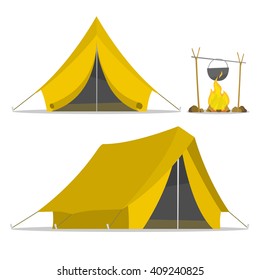 Cartoon tent and set bonfire isolated. sports tourism nature. Objects bonfire, tents. Tents camping. The journey to the mountains and forests with tent. Vector tent illustration. Summer rest tents.