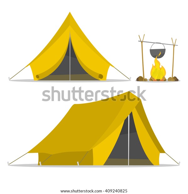 カートーンテントとたき火 スポーツ観光の自然 物が燃える テント テントがキャンプ 山や森へテントで行く旅 ベクターテントイラスト 夏休みのテント のベクター画像素材 ロイヤリティフリー