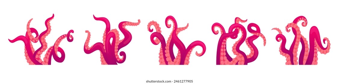 Cartoon tentacles. Octopus tentacle compositions. Sea squid body parts, isolated elements reaching upwards. Seafood marine neoteric vector set