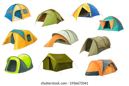 Cartoon tents vector icons, camping equipment, campsite domes. Sport and travel touristic marquees with ropes, windows and canopy, houses for outdoor recreation and hiking adventure isolated set