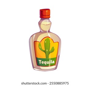 Cartoon tequila bottle featuring a cactus on label, representing Mexican cultural significance. Isolated vector glass flask with traditional Hispanic beverage, symbol of culture and travel to Mexico