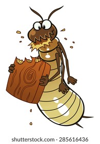 Cartoon termite eats piece of wood.