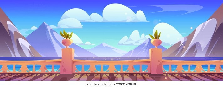 Cartoon terrace with sea mountain view vector illustration. Marine river and sky landscape from hotel apartment balcony or embankment with fence. Nautical outside resort lounge for vacation.