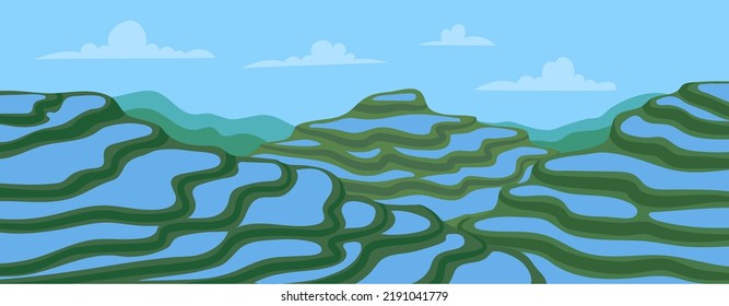 Cartoon Terraced Asian Rice Fields Landscape Farm and Agriculture Concept Flat Design Style. Vector illustration of Plantation