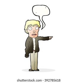 cartoon terrified man pointing with speech bubble