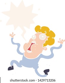 cartoon terrified man with speech bubble in retro style