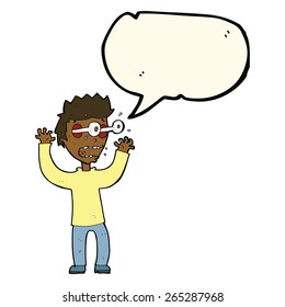 cartoon terrified man with speech bubble