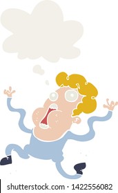 cartoon terrified man with thought bubble in retro style