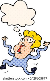 cartoon terrified man with thought bubble in comic book style